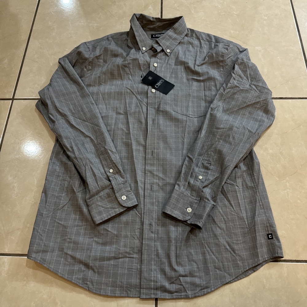 Chaps Easy Care Black Gray Check Houndstooth Check Button Down Shirt Sz L NWT